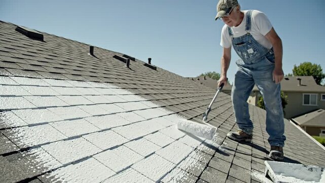 A worker applying white paint to a roof on a sunny day.
