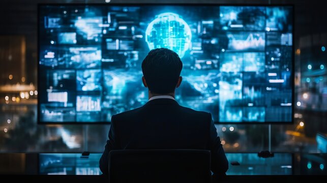 A businessman in a suit sits in front of a large screen displaying a futuristic interface with a glowing blue globe. - Powered by Adobe