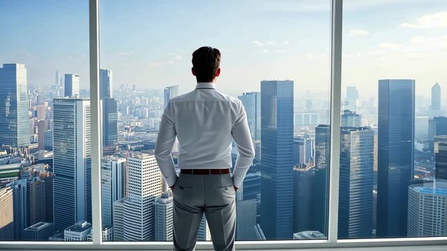A businessman looks out at the city skyline from a high rise building during the day while standing by large windows