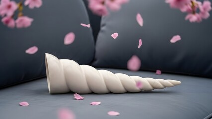 A white seashell lies on a gray couch with pink petals