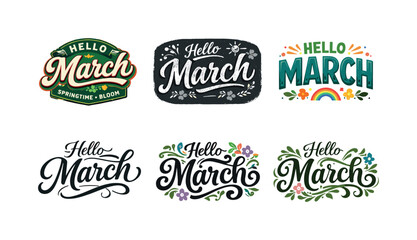 Fototapeta premium March Lettering Variations. March seasonal words. Set lettering. harmonious lettering variations of the same emblematic concept, each with different artistic
