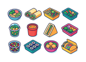 Colorful Meal Prep Icons. Meal prep lunches. Colorful isometric vector icons set of meal prep lunches: grain bowl, wrap halves, pasta salad box, veggie