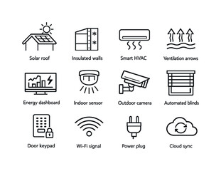 Fototapeta premium Smart Architecture Icons. Smart architecture features. Line icon set of Smart architecture features: solar roof, insulated walls, smart HVAC, ventilation