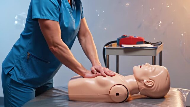 Nurse practices CPR on mannequin during training session. Medical worker performs chest compressions on CPR dummy. Nurse demonstrates CPR technique on mannequin. Emergency training with CPR dummy.