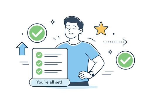 User Onboarding Success. User activation and success. User reaching final onboarding step with positive feedback symbols, calm satisfaction and confidence.