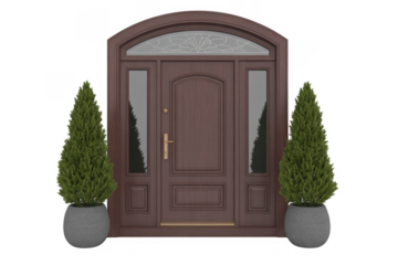 Brown wooden front door with glass panels and potted plants isolated on a transparent background