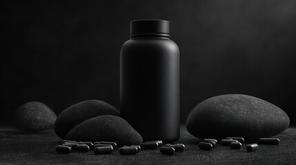 Dark container stands among rocks and capsules on a shadowy surface in a studio setting, highlighting a focus on health supplements