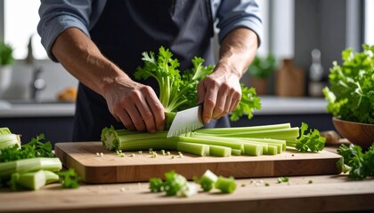 Man Chopping Fresh Green Celery Stalks on a Wooden Cutting Board in a Bright Kitchen with Natural Light and Lettuce in Background