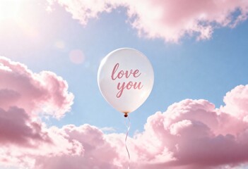 Fototapeta premium White balloon with pink text saying love you floats against a bright blue sky filled with fluffy pink clouds, creating a cheerful and romantic atmosphere with copy space