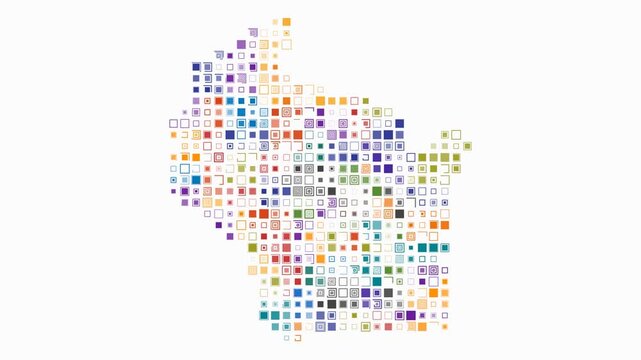 Wisconsin animated shape. Pulsating colored dots on the map of the state. Large size square blocks. Digital style Wisconsin map on white background. Creative animation video.