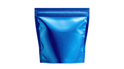 An isolated blue plastic bag on white background for retail packaging or food snack storage