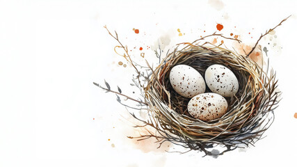Obraz premium Bird Nest with Eggs and Dry Grass Composition on White Background