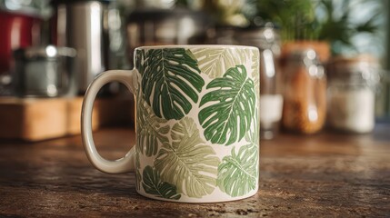 Coffee mug with green leaf design rests on a wooden table surrounded by kitchen items in a bright space during the day