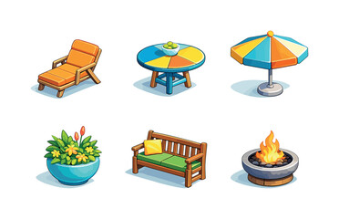 Bold Outdoor Icons. Outdoor Focal Points. Isometric flat vector icons set of Creating a Focal Point with Bold Furniture Pieces: lounge chair, bold patio table,