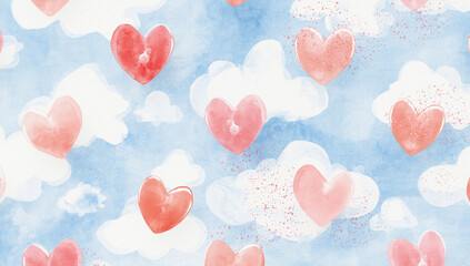 優しいパステルの水彩ハートが漂うベビー向け空色パターン