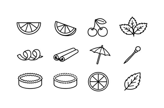 Party Drink Icons. Party drinks. Line icon set of drink garnishes: lemon slice, lime wedge, cherry garnish, mint sprig, orange twist, cinnamon stick, umbrella