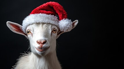Obraz premium Adorable goat wearing a festive Santa hat poses in a studio with softbox lighting for Christmas