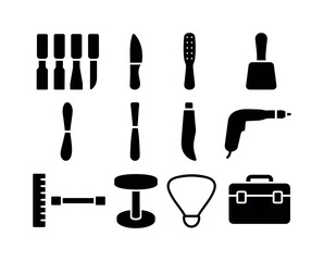 Fototapeta premium Sculpting Tools Icons. Sculpting tools. Solid icon set of sculpting tools: chisel set, carving knife, rasp, wire loop, spatula tool, brush, mallet, rotary