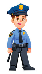 Young boy in a police officer uniform standing confidently with a smile. Vector cartoon character illustration