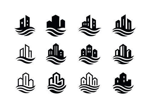 Urban Farming Icons. urban farming riptides. Icon set. Set Logo of urban farming riptides: cityscape with water currents. harmonious logo variations of the