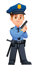 Young boy in a police officer uniform holding a handgun in a tactical pose. Vector cartoon character illustration