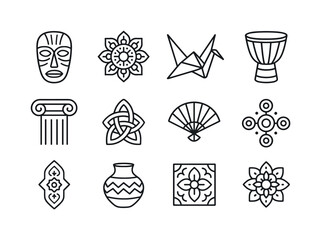 World Art Icons. Art and culture blending. Line icon set of world arts: tribal mask, mandala pattern, origami crane, African drum, Greek column, Celtic knot,