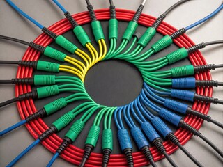 Overhead view of colorful RGB cables arranged in a circular pattern