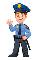 Friendly boy police officer in uniform smiling and waving his hand in greeting. Vector cartoon character illustration