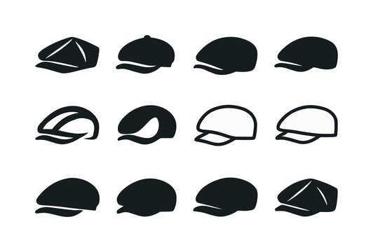 Newsboy Cap Icon Set. Newsboy cap. Icon set. Set Logo of Newsboy cap: Minimal flat cap silhouette: Abstract geometric, Stylized detail, Negative space, Minimal