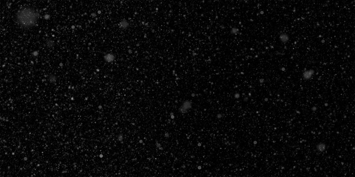 Snowflakes falling on a black background, isolated snowfall effect, festive Christmas background, white snow overlay for photo editing. PNG format. Realistic winter atmosphere