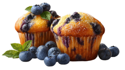 Freshly baked homemade blueberry muffin and autumn still life with fallen leaves, a delicious sweet pastry snack and tasty dessert isolated on a white background for a cozy seasonal breakfast meal