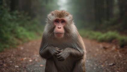 Fototapeta premium 朝霧の森道でニホンザルが静かに立ちこちらを見る