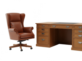 Elegant brown leather office chair and wooden desk setup isolated on transparent background