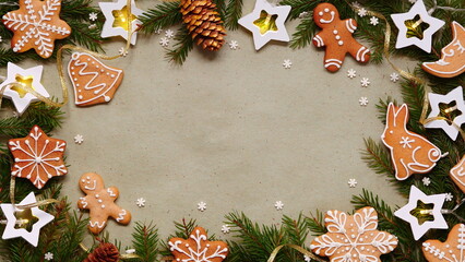 Gingerbread Cookies Festive Flatlay Warm. Christmas Frame Green Beige Golden