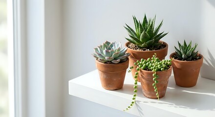 Fototapeta premium Small succulent plants in terracotta pots arranged on white windowsill creating minimalist home decor display for indoor gardening and botanical decoration.