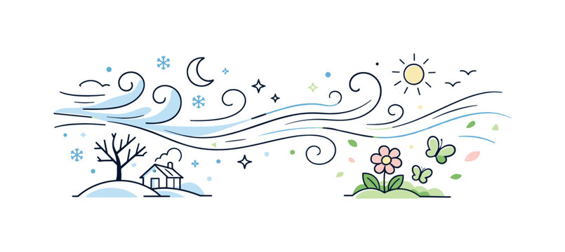 Spring Wind Transition. Seasonal wind transition illustration. Cold winter wind fading into gentle spring breeze with soft motion lines and abstract elements.