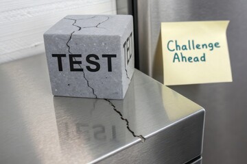 Cracked concrete cube labeled test with challenge ahead note