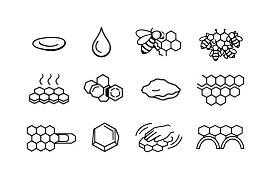 Beeswax Production Icons. How bees make honey. Line icon set of wax production: wax scale, wax secretion drop, bee shaping comb, comb-building cluster, warm