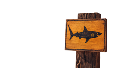 wooden warning sign with shark silhouette rustic seaside symbol isolated object studio lighting on white background