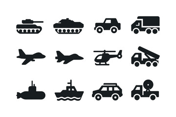 Fototapeta premium Military Vehicles Icons. Military vehicles. Solid icon set of military vehicles: tank, armored personnel carrier, jeep, transport truck, drone, fighter jet,