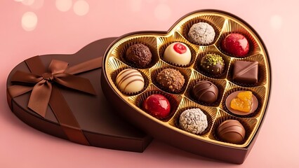 An open heart shaped box filled with assorted gourmet chocolate candies