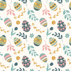 Springtime seamless pattern with easter eggs and spring flowers. Hand drawn floral holiday background