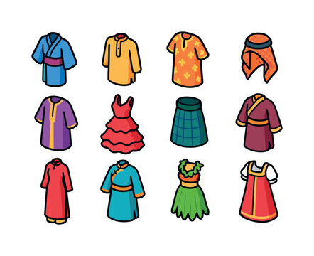 Traditional Garments Icons. Traditional garments. Colorful isometric vector icons set of traditional garments: yukata, kurta, kaftan, keffiyeh, boubou robe,