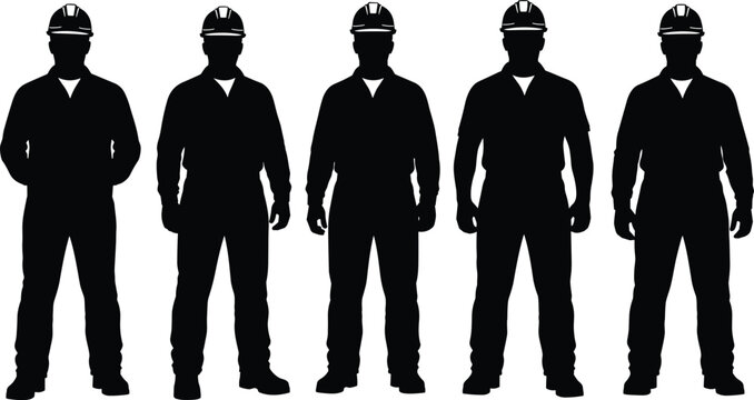 Five black silhouettes of male construction workers wearing hard hats standing in a row, isolated on white background, vector illustration.