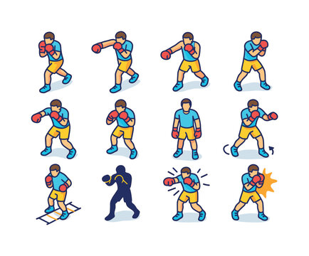 Colorful Boxing Icons. Boxing exercises. Colorful isometric vector icons set of boxing exercises: jab punch, cross punch, hook punch, uppercut punch, defensive