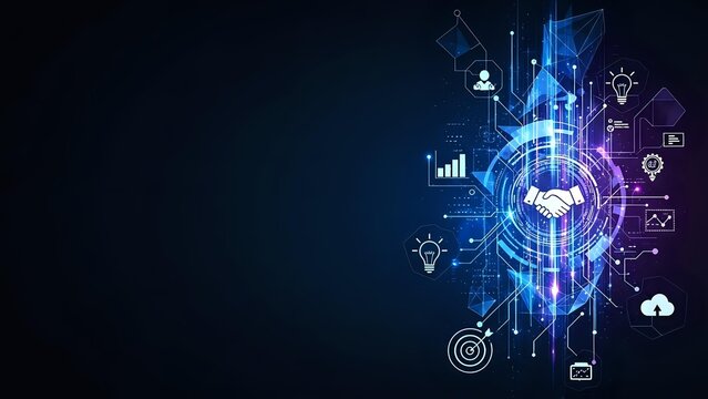 Digital handshake with glowing technology icons and data visualization elements on dark blue background for business partnership concepts.