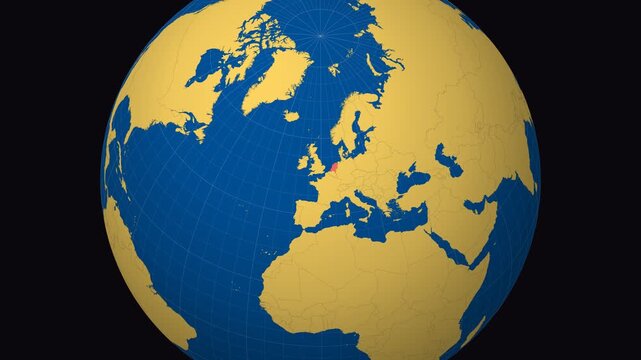Netherlands on Globe. Animated zoom into the country in Ocean Blue Golden Yellow color palette. Netherlands logo animation. Map with meridians, parallels. Charming video.