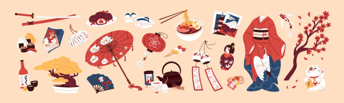 Set of different items of Japanese culture. Food, things and stuff of Japan. Asian lanterns and fans, maneki neko, koi, sushi, tea ceremony and kimono of Asia. Flat isolated vector illustrations