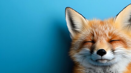 Obraz premium Adorable red fox with closed eyes and peaceful expression against bright blue background, wildlife portrait with copy space for nature designs.