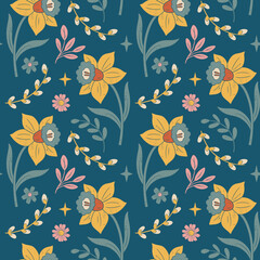 Seamless pattern with yellow daffodils and spring flowers. Botanical floral springtime dark background with texture